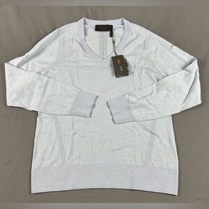 KJUS Womens Golf Sweater V-Neck Sleeve Logo Large Blue Gray Wool